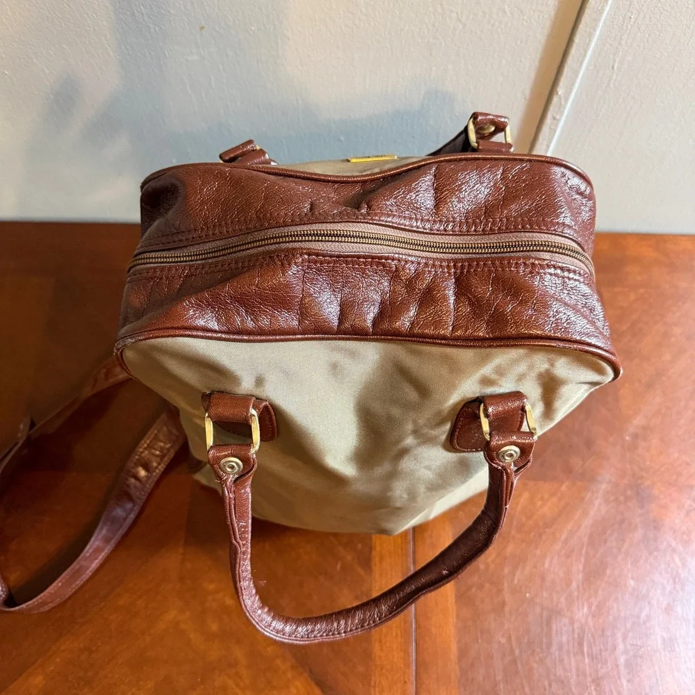 Vintage John Weitz Carry On Luggage Bag Brown Tan Canvas Duffel Shoulder Strap